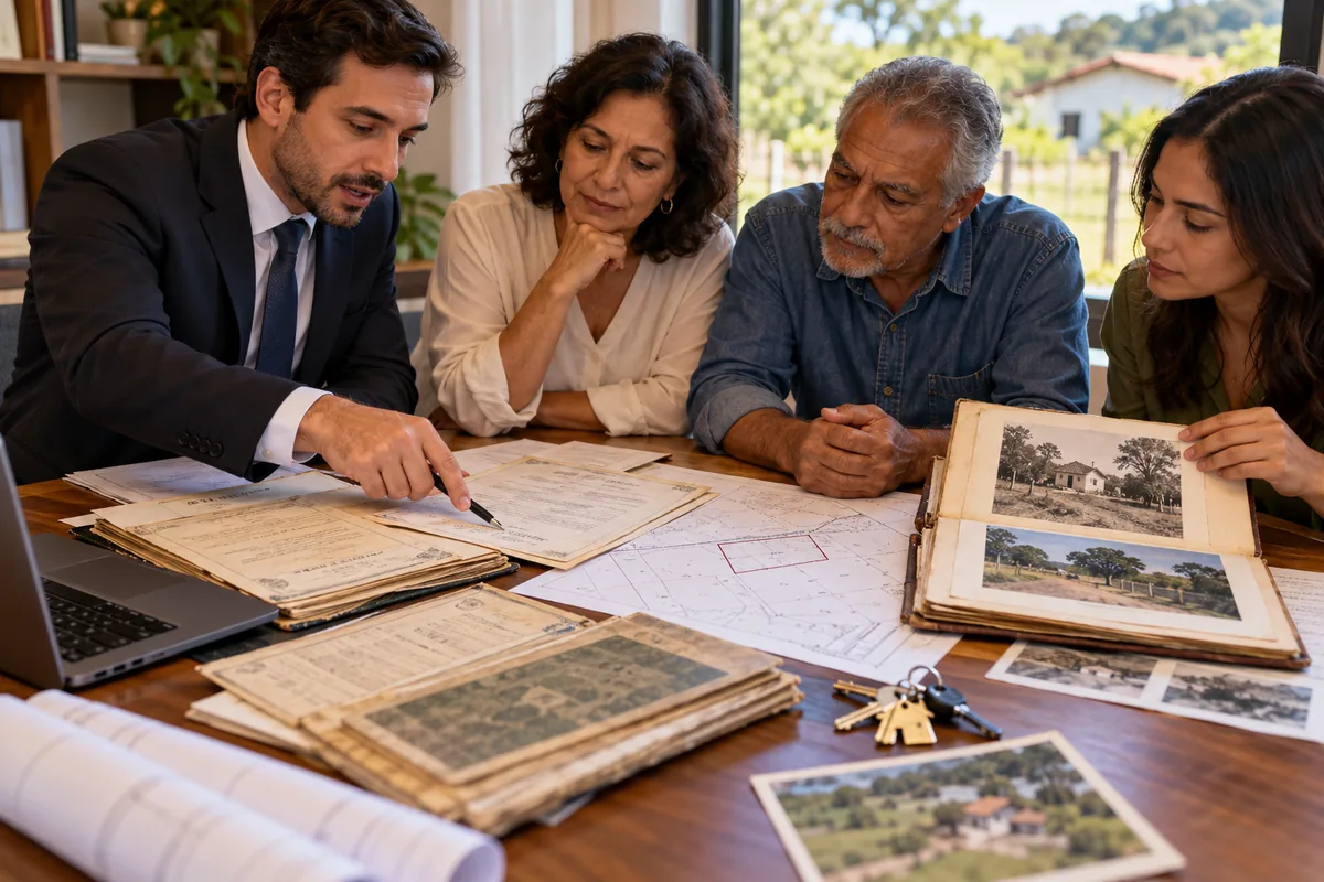 Família e advogado conferem documentos de diferentes períodos da posse do imóvel