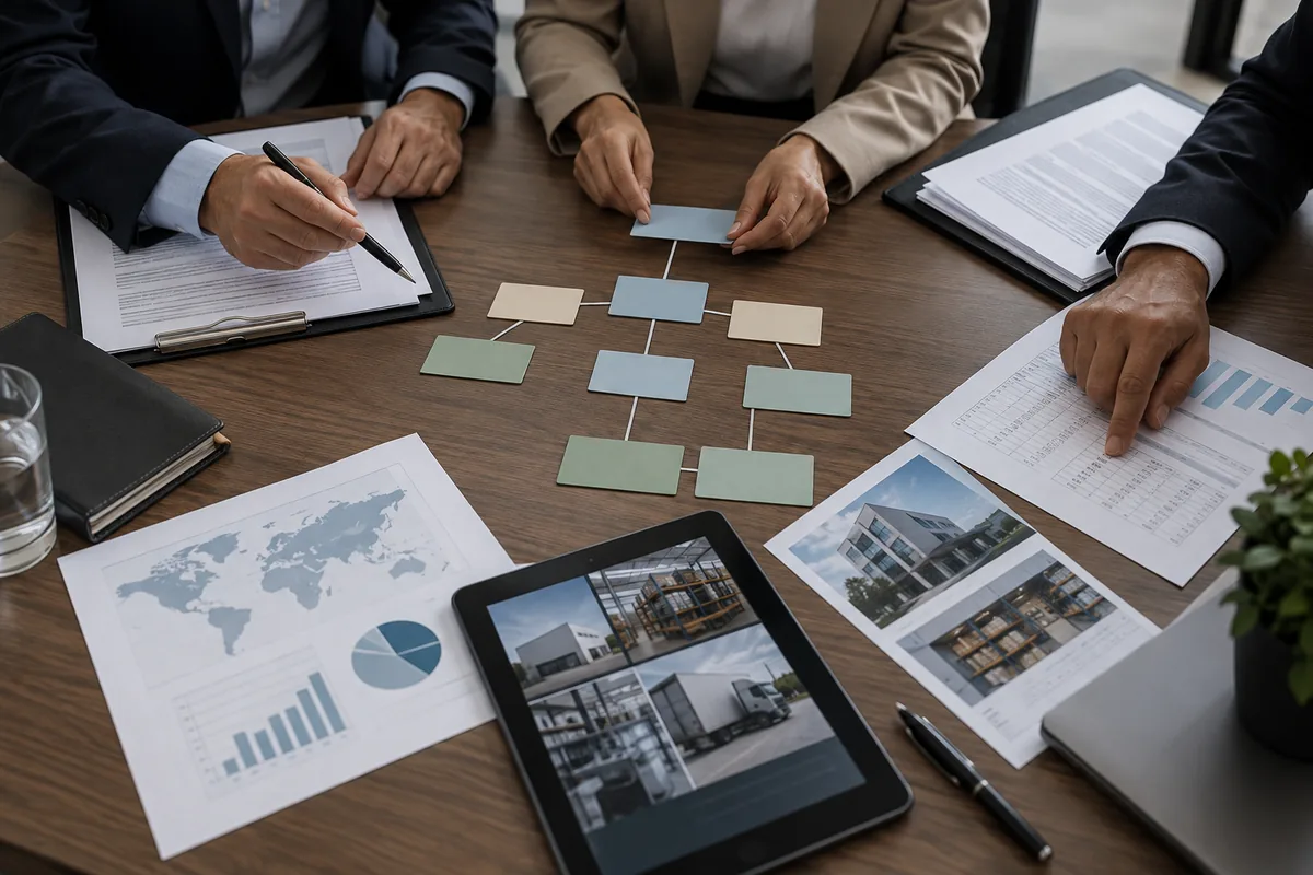 Equipe confere documentos, funções e estrutura de uma operação empresarial