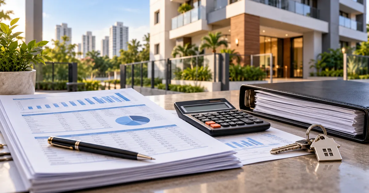 Planilhas, calculadora e pasta de documentos diante de edifício residencial