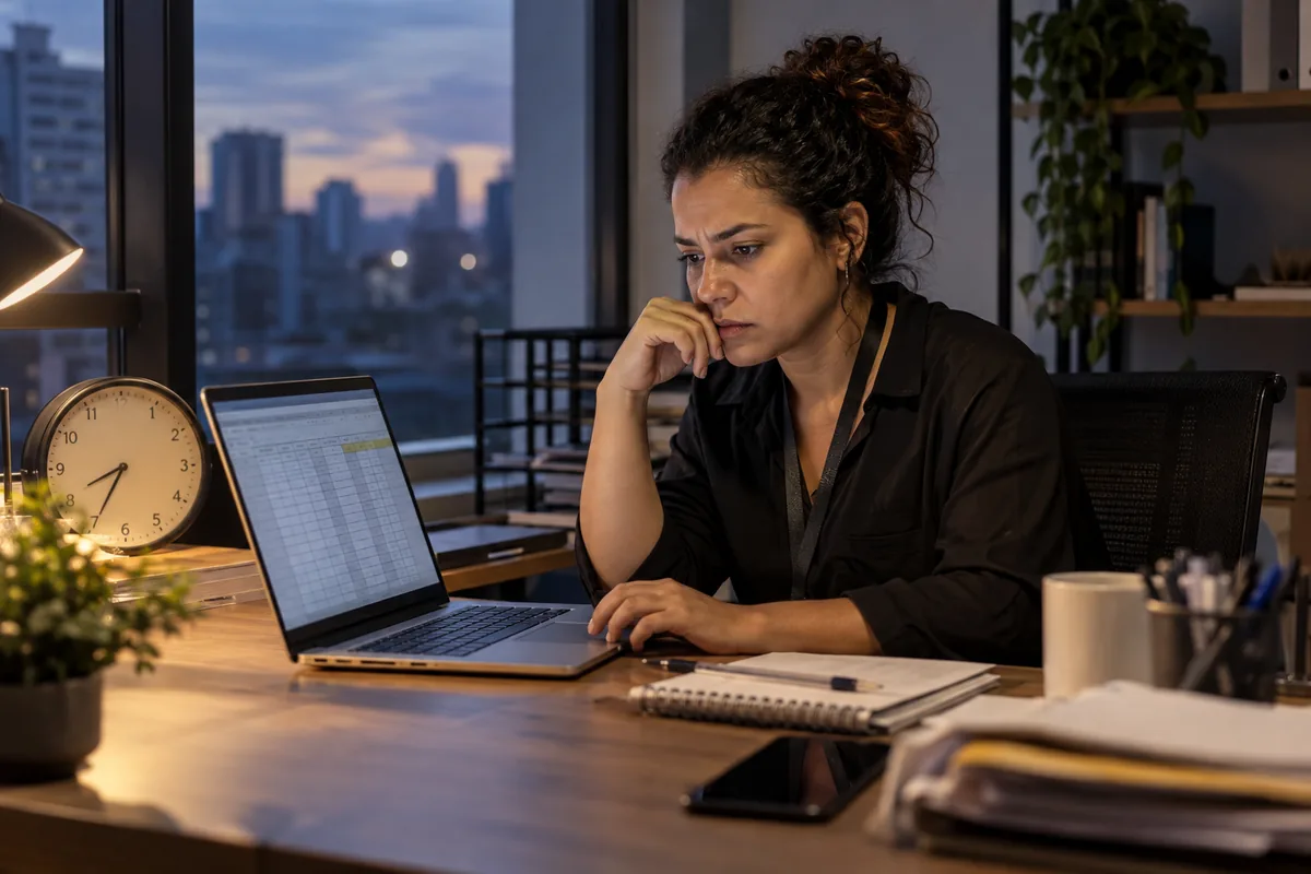 Trabalhadora conferindo registro de horas extras no fim do expediente