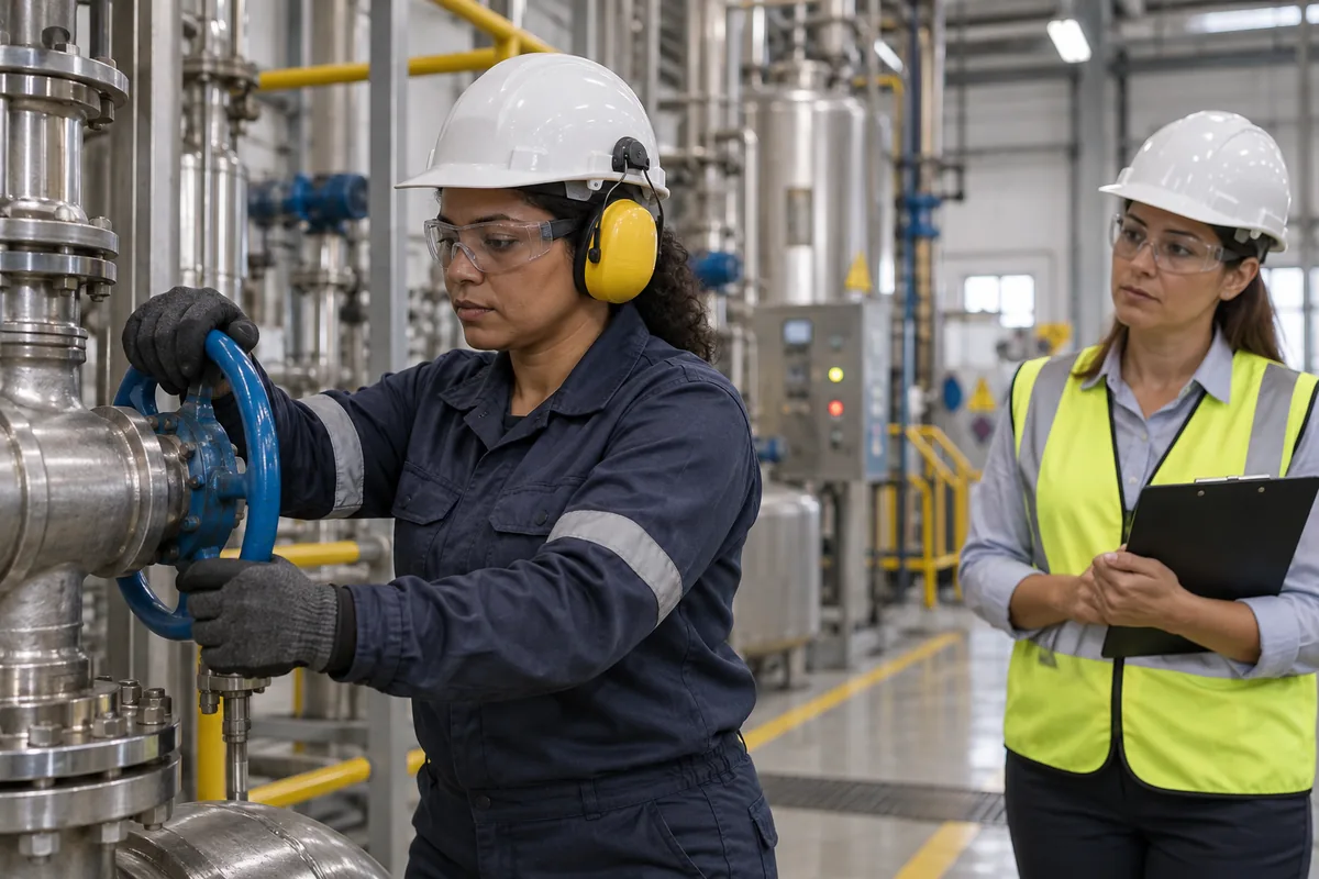 Trabalhadora com EPI em atividade industrial sujeita a agentes nocivos