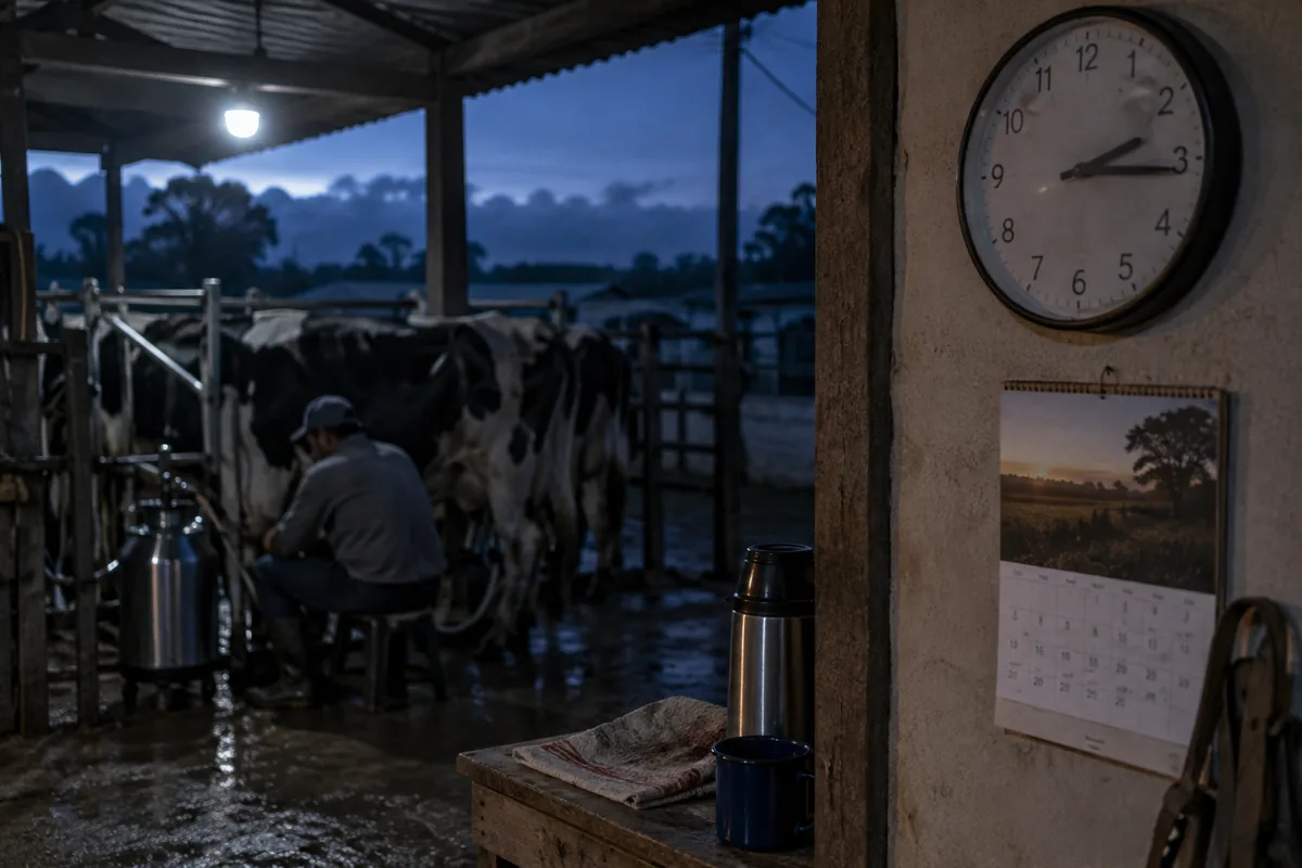 Trabalhador realiza atividade pecuária antes do amanhecer ao lado de relógio