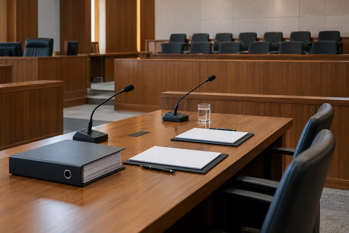 Mesa de defesa preparada em plenário do Tribunal do Júri