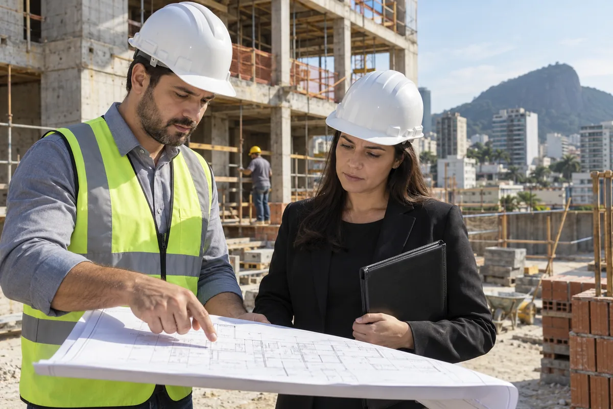Engenheiro e advogada conferem planta em canteiro de obras
