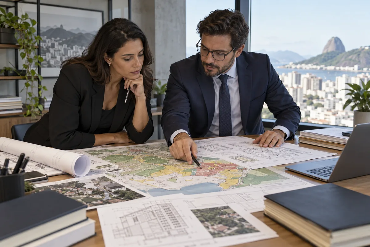 Advogados analisam mapa de zoneamento e plantas de imóvel