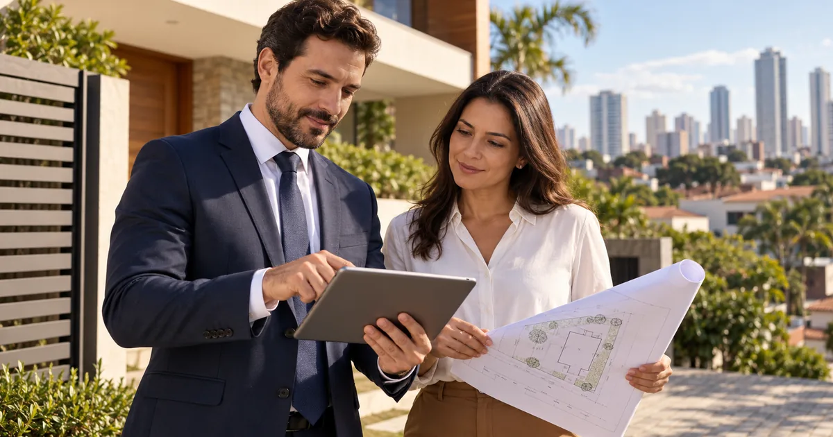 Advogado e possuidora analisam planta de imóvel para usucapião