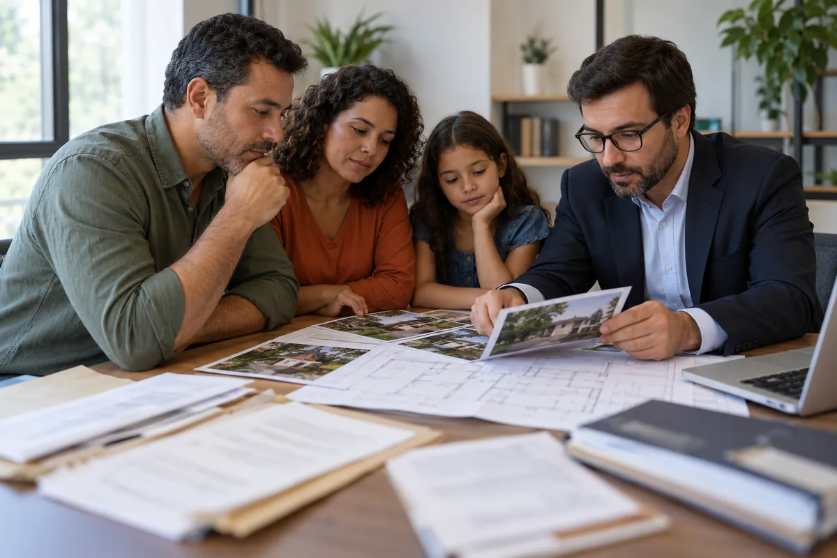 Família e profissional analisam fotografias, planta e documentos do imóvel