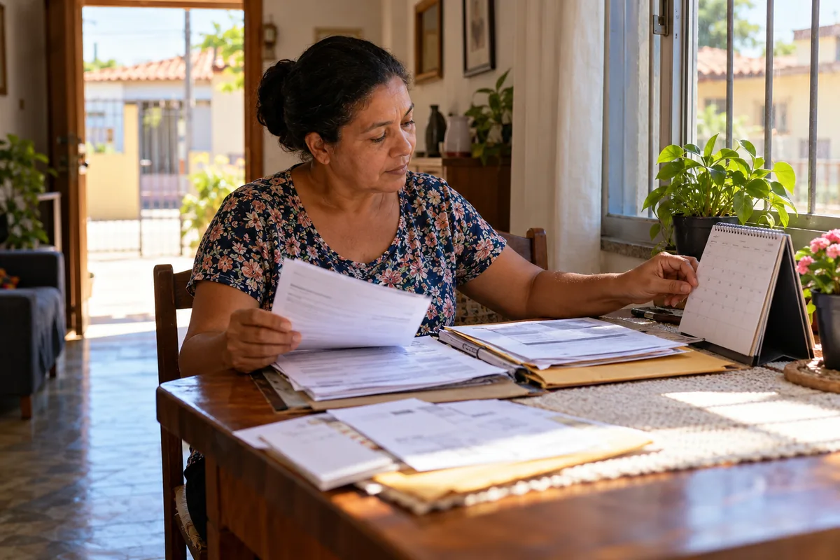 Moradora confere calendário e documentos ligados à posse do imóvel