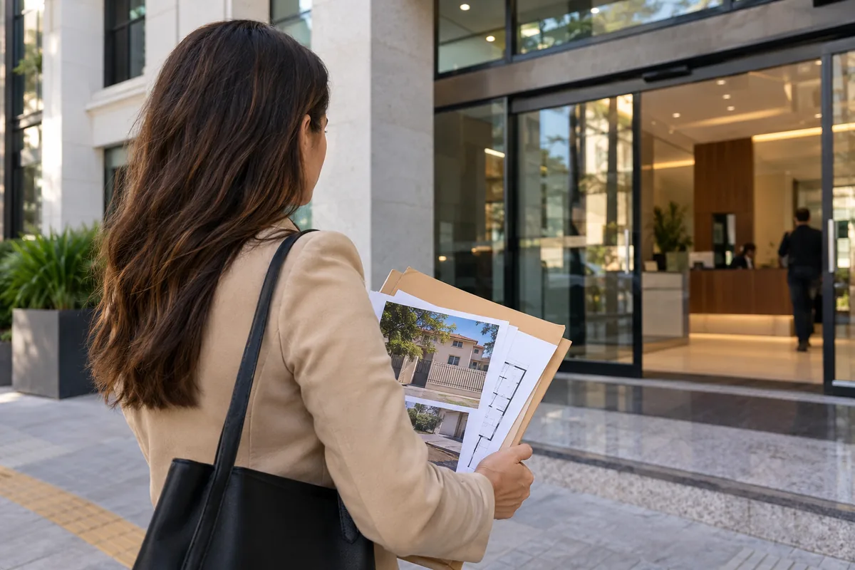 Pessoa leva fotografias e planta do imóvel para protocolo em registro imobiliário