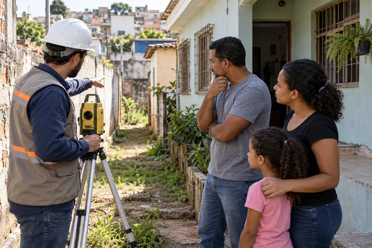 Família acompanha medição de pequeno imóvel urbano
