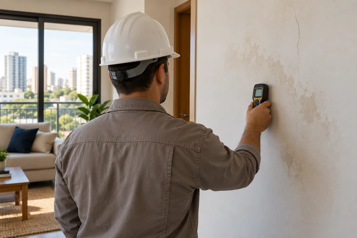 Engenheiro inspeciona umidade e fissura em parede de imóvel