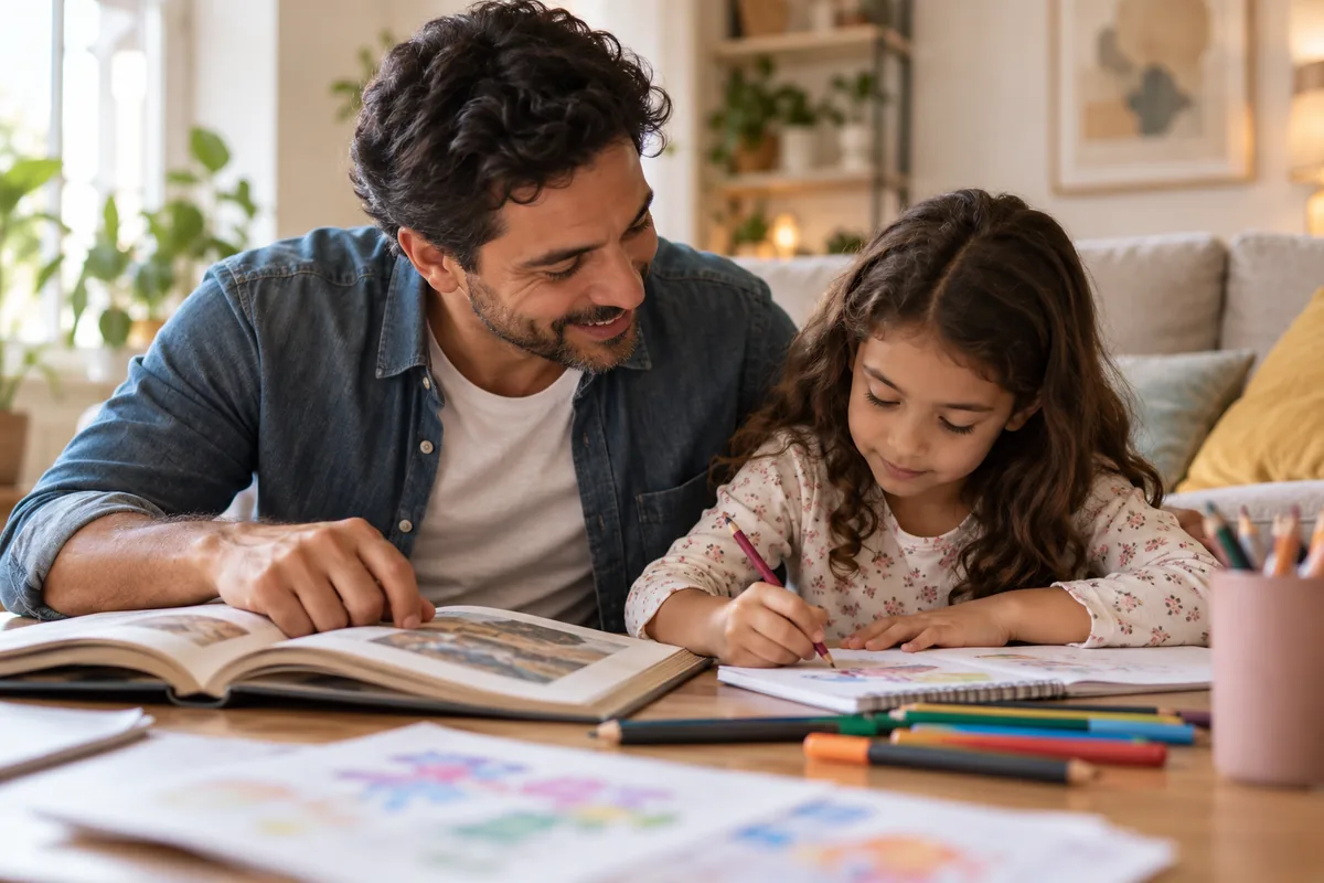 Pai e filha preservam o vínculo familiar em atividade de desenho