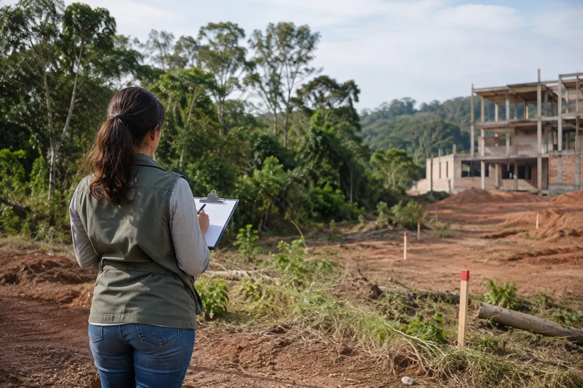 Técnica realiza vistoria ambiental próxima a obra em área de mata