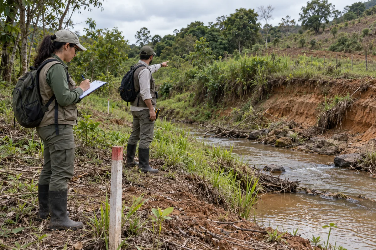 Equipe técnica vistoria erosão e curso d'água antes da recuperação