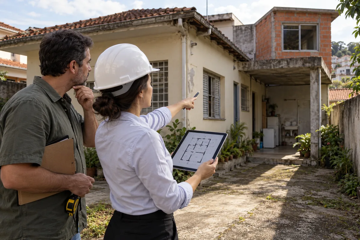 Engenheira e herdeiro inspecionam ampliação não averbada
