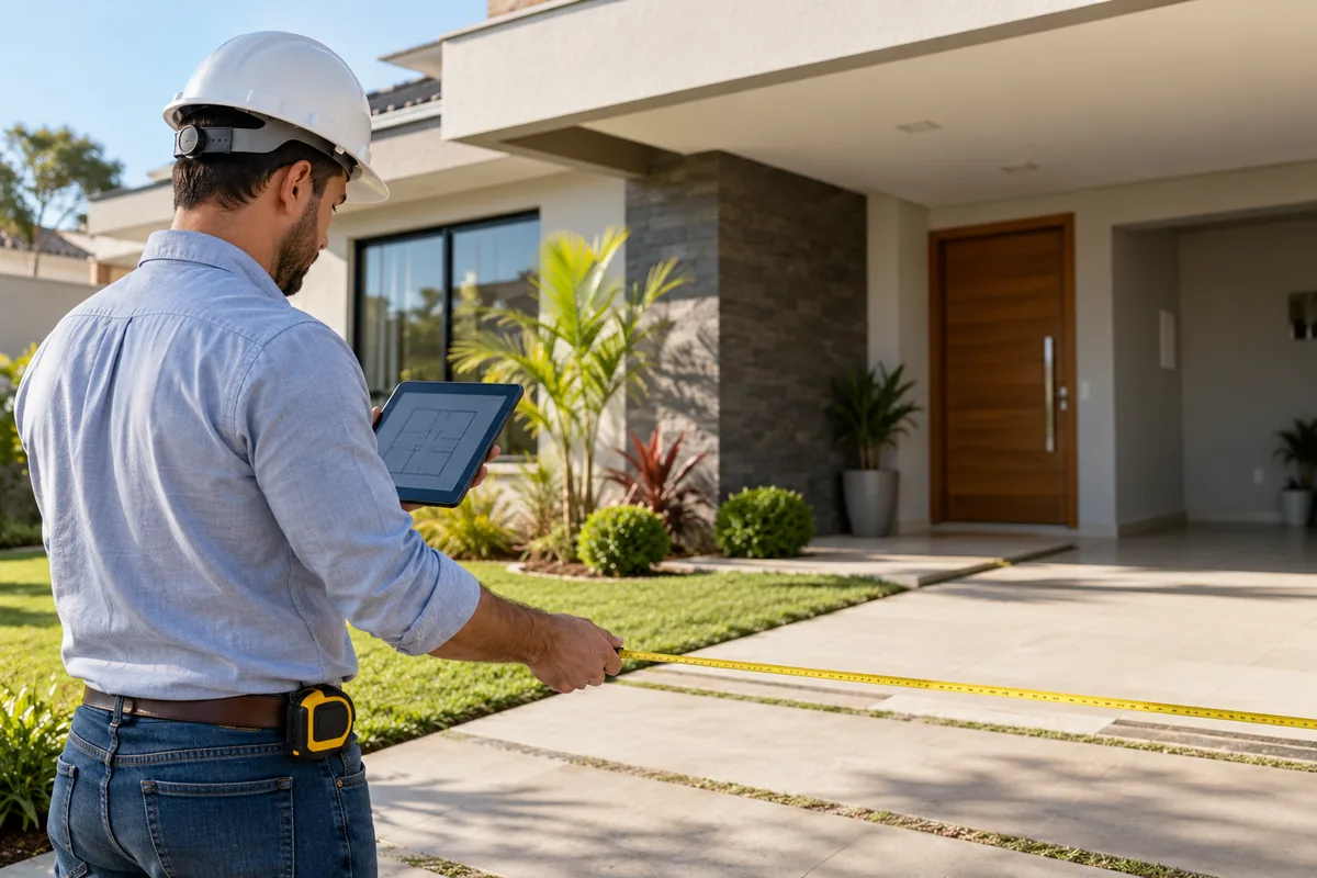 Engenheiro realiza vistoria e mede construção residencial