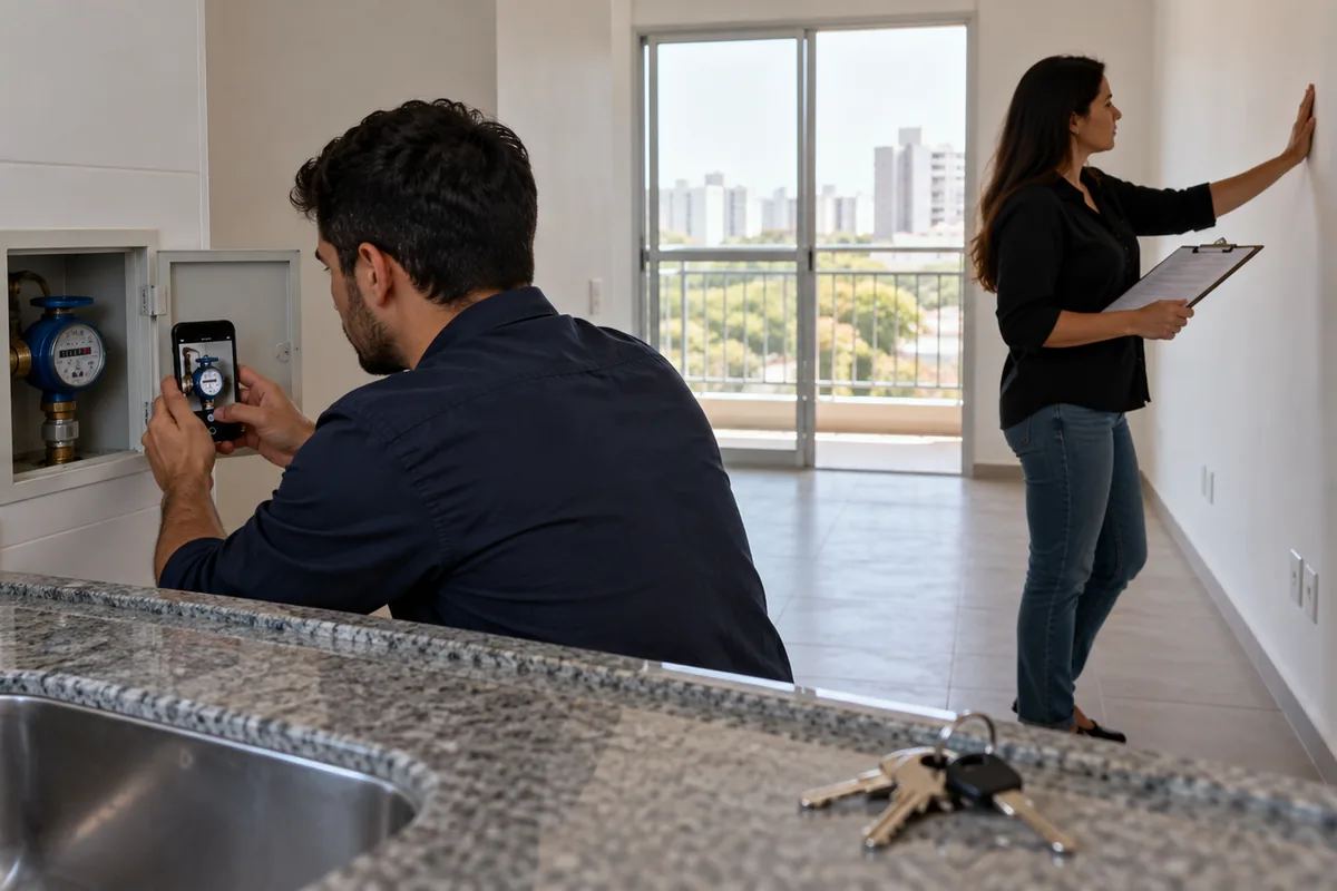 Duas pessoas registram medidor e condições da parede em vistoria do imóvel