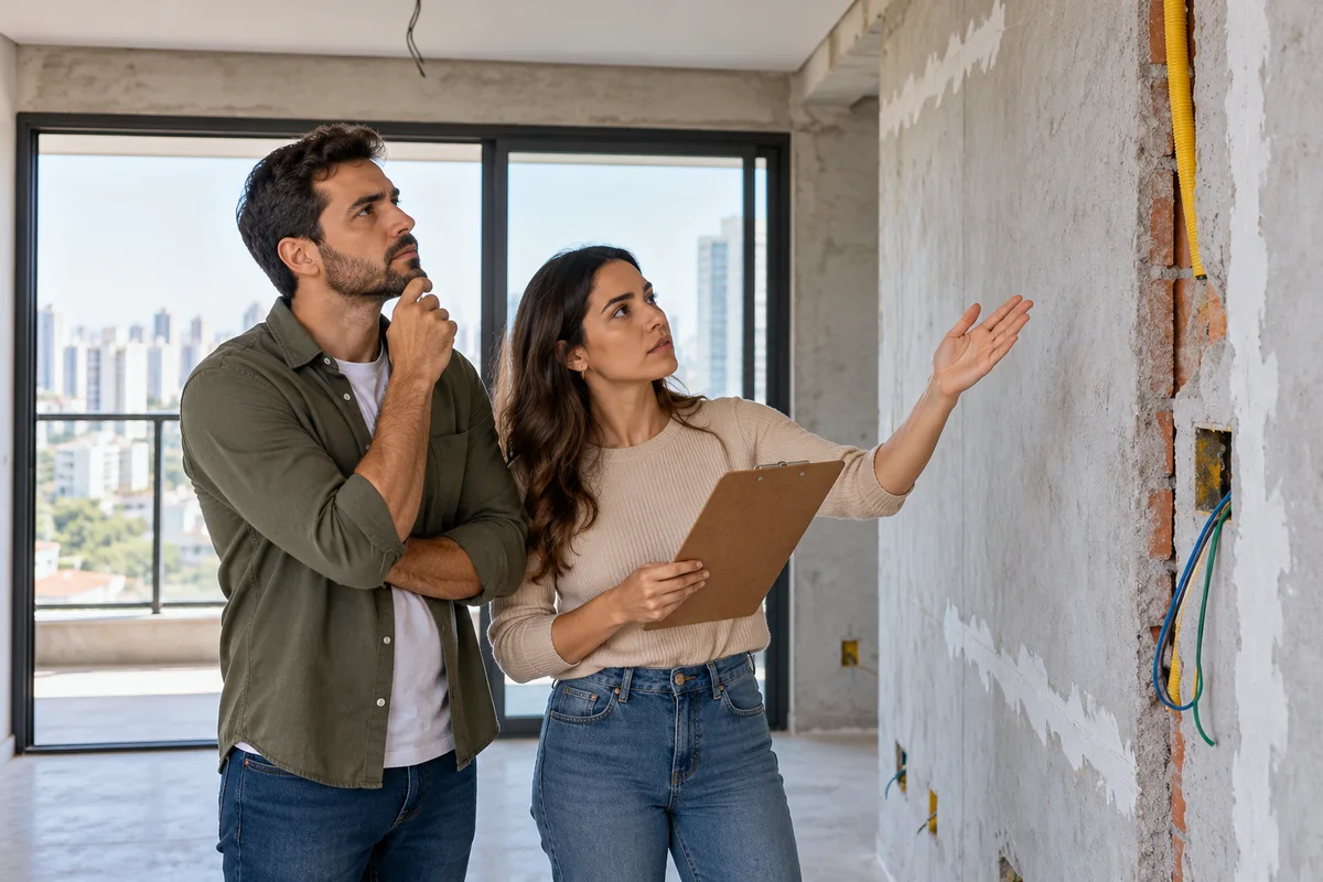 Casal vistoria acabamento de apartamento novo antes da entrega