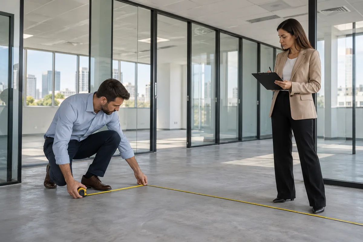 Empresários medem uma sala antes da sublocação comercial