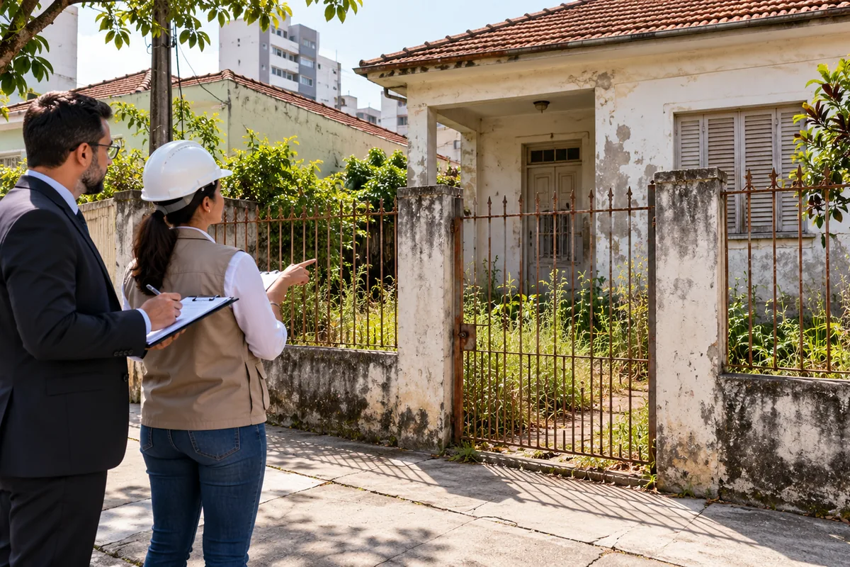 Profissionais observam imóvel aparentemente abandonado pela via pública