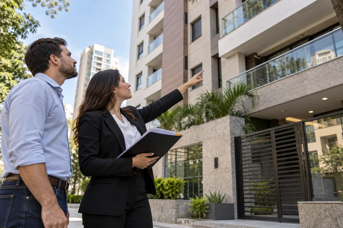 Comprador e advogada verificam edifício residencial antes da compra