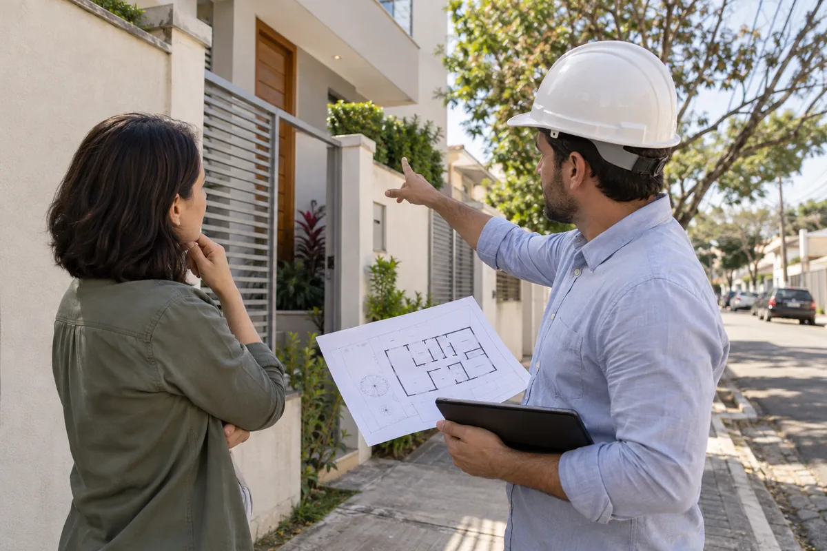 Profissional e proprietária avaliam fachada e planta de imóvel urbano