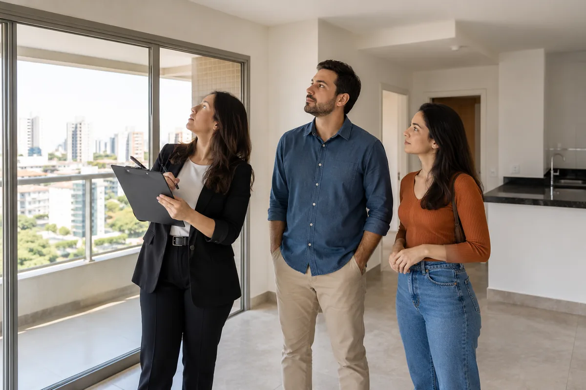 Compradores e corretora fazem vistoria em apartamento