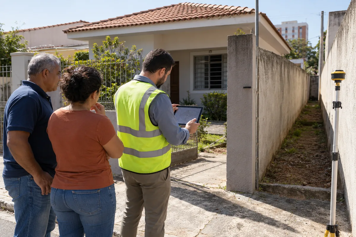 Profissional confere limites físicos de imóvel urbano durante vistoria