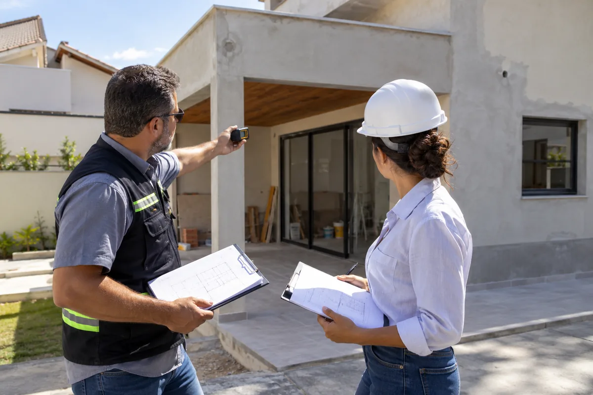 Fiscal municipal e arquiteta vistoriando ampliação de casa