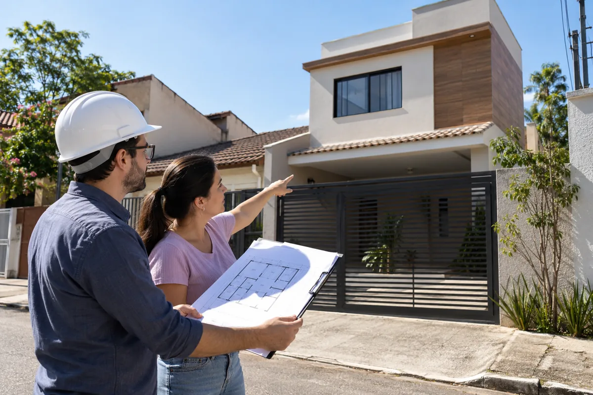 Proprietária e arquiteto conferem fachada para regularizar imóvel