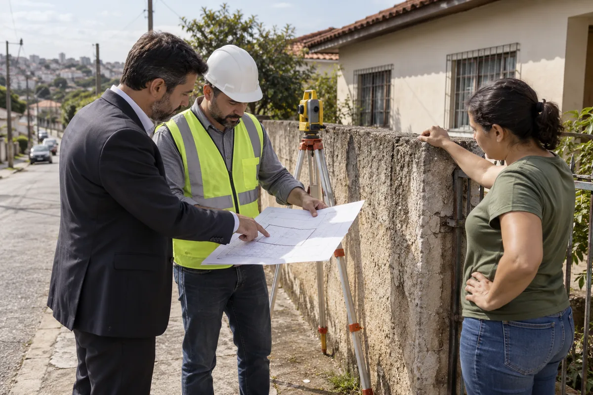 Advogado, proprietário e profissional técnico conferem os limites do imóvel