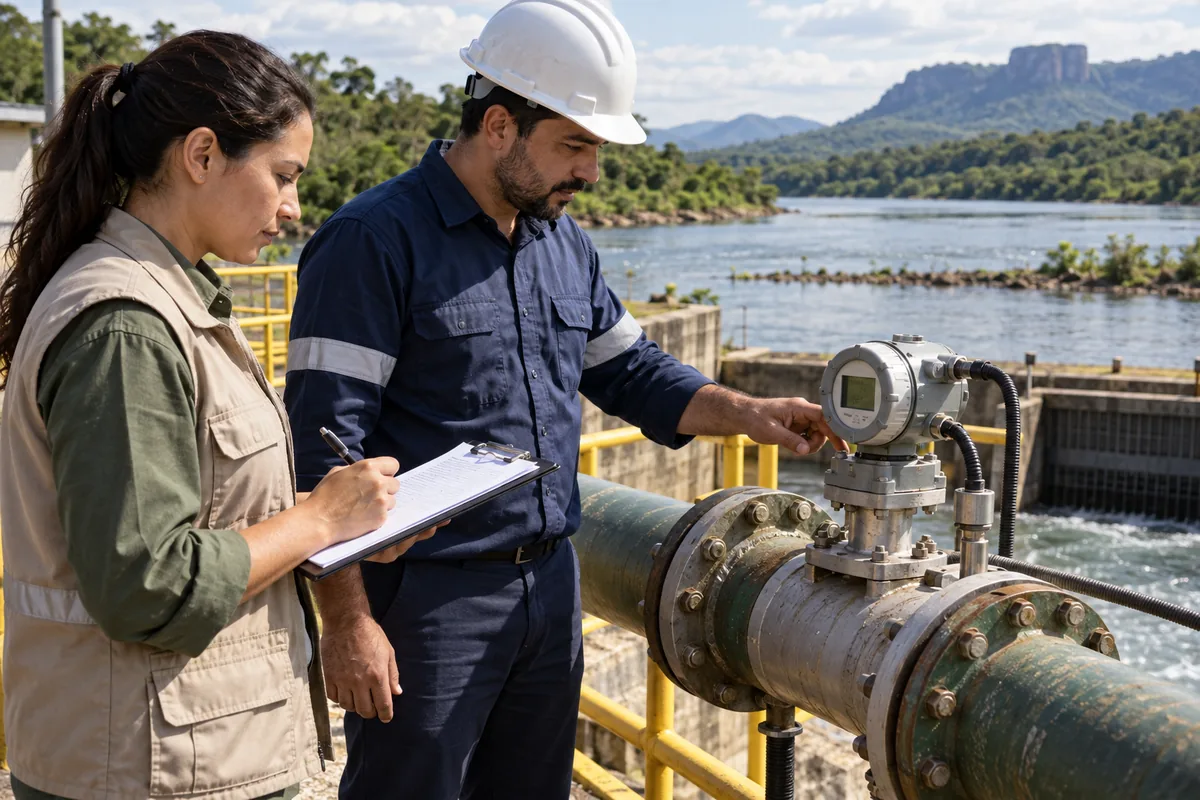 Fiscal e responsável técnico conferem medidor de captação em vistoria hídrica