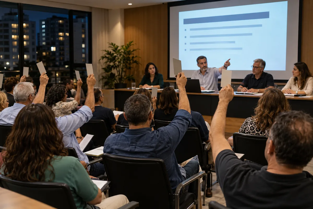 Condôminos votam durante assembleia do condomínio