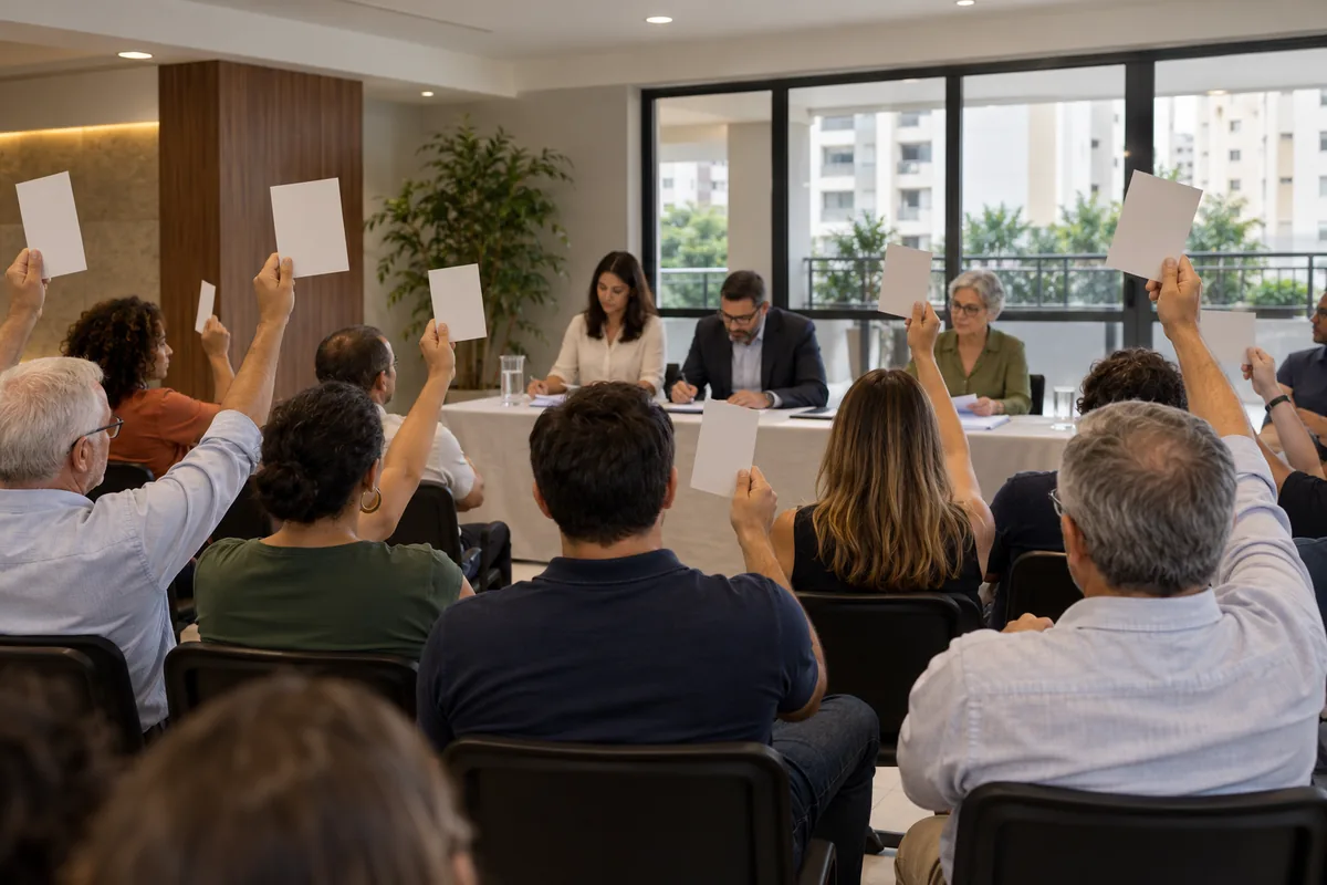 Condôminos votam em assembleia convocada para destituição do síndico